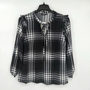 Bloomchic Plaid Tie Neck Lightweight Ruffle Sleeve Pullover Blouse Women Size 10
